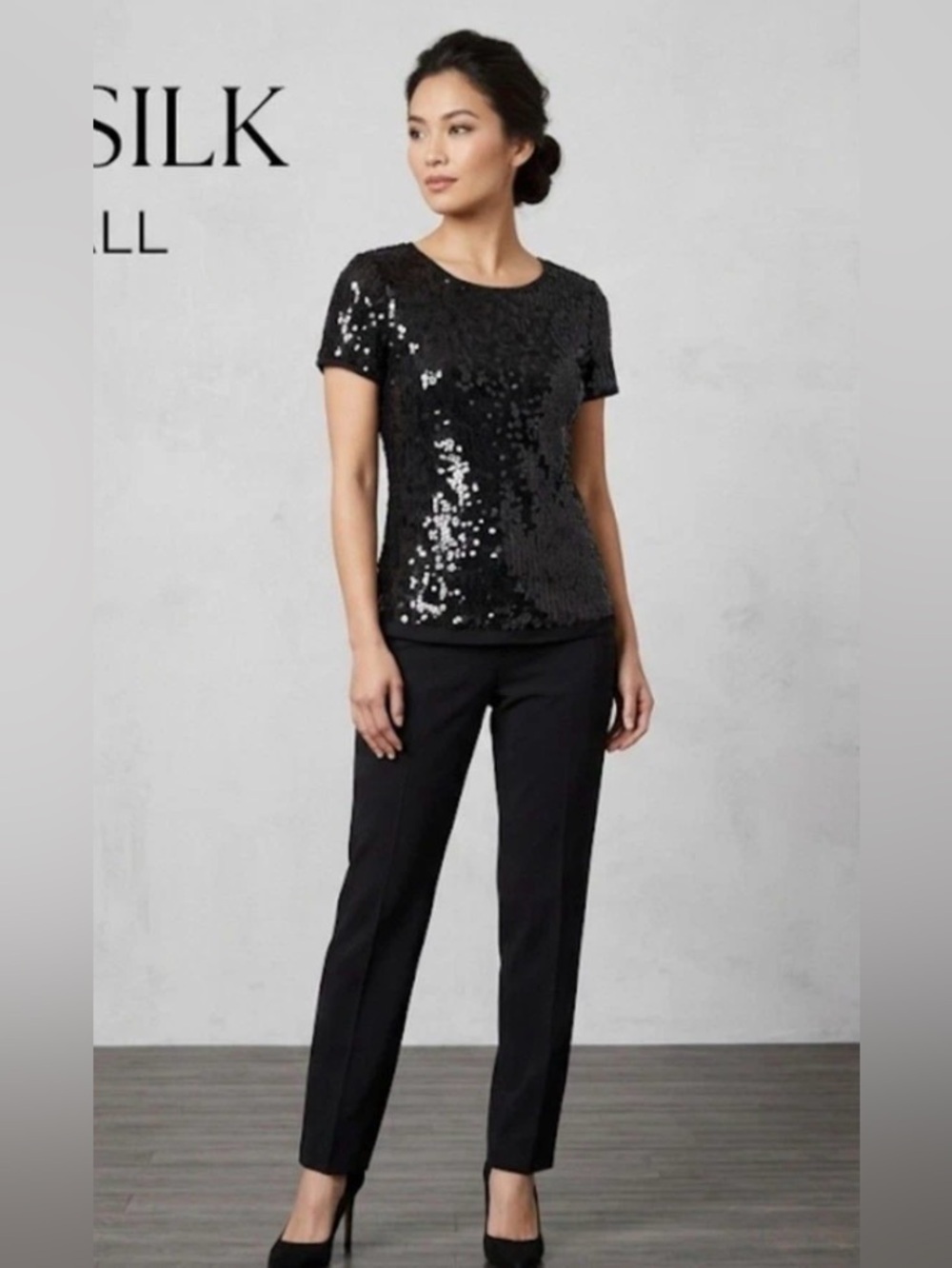 August Silk Petite NWT Womens Full Sequined Short Sleeve Top Party Size SP